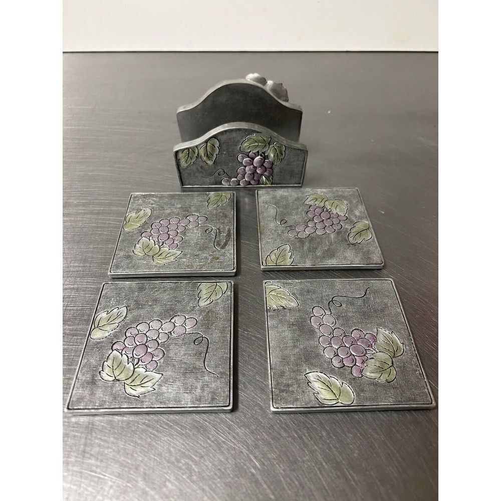 A. Richesco Corporation Metal Handpainted Raised Flower/Fruit Art Coaster Set